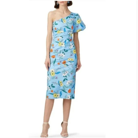 Hunter Bell Margo Dress One Shoulder Floral Midi 6 Sheath Blue Cocktail Shower - Picture 1 of 7